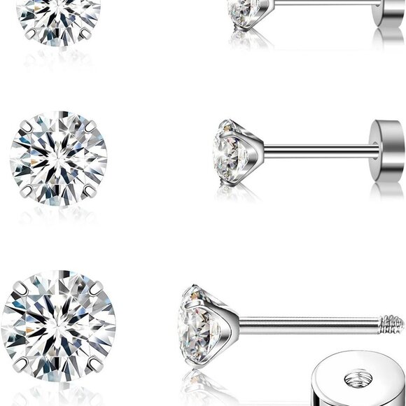 Jewelry - Flat Back Earrings Titanium CZ Stud 3 Pair Hypoallergenic Cartilage Jewelry
